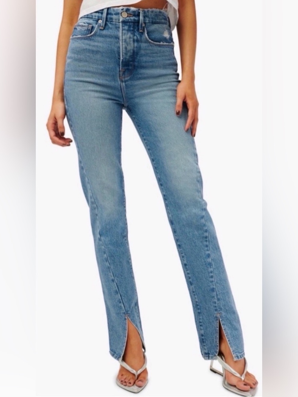 Good American Good Boy High Rise Straight Jeans 10/30 Front Slit Hem